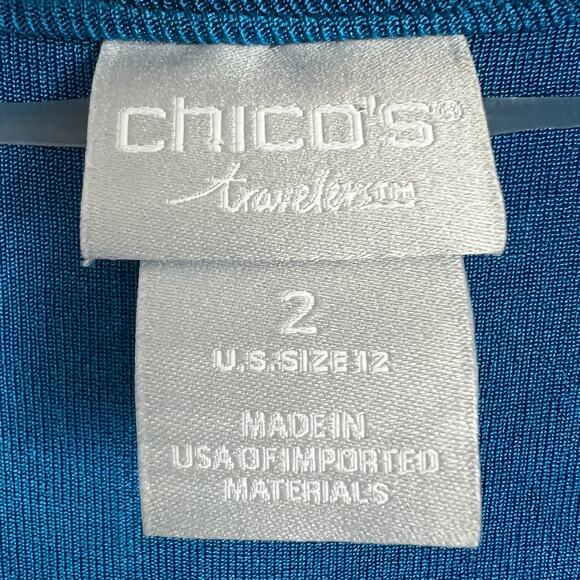 CHICO'S Women's L (2) Blue Black Colorblock Acetate Slinky Stretch USA Made Top - Picture 4 of 8